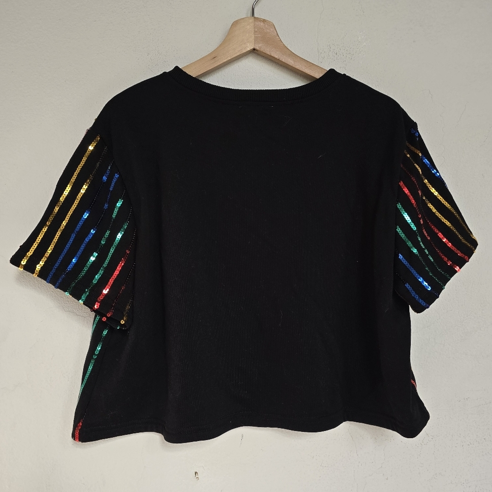 Mainstrip Black Multicolor Sequin Stripe Boxy Cropped Top Size M Party Shirt - Picture 10 of 11